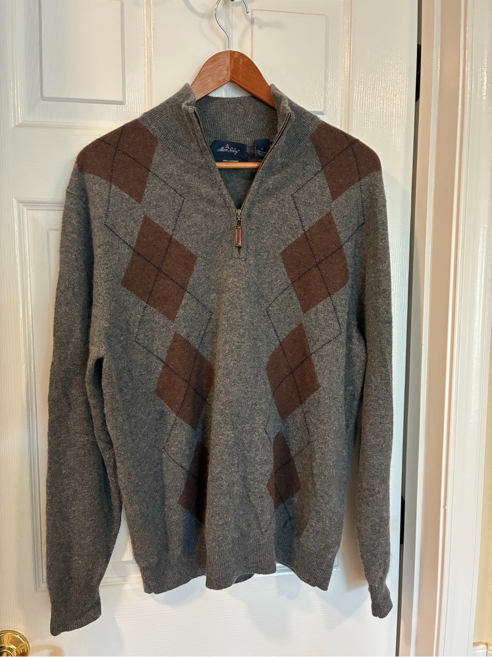 Gray Quarter -Zip Sweater 💯 Cashmere with Brown Argyle Large Allen Solly soft